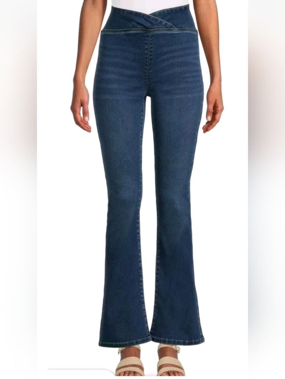 Retro Y2k Flare Jeans Dark Blue Crossover Waist Pull On Stretch 90s Ankle 5 NEW